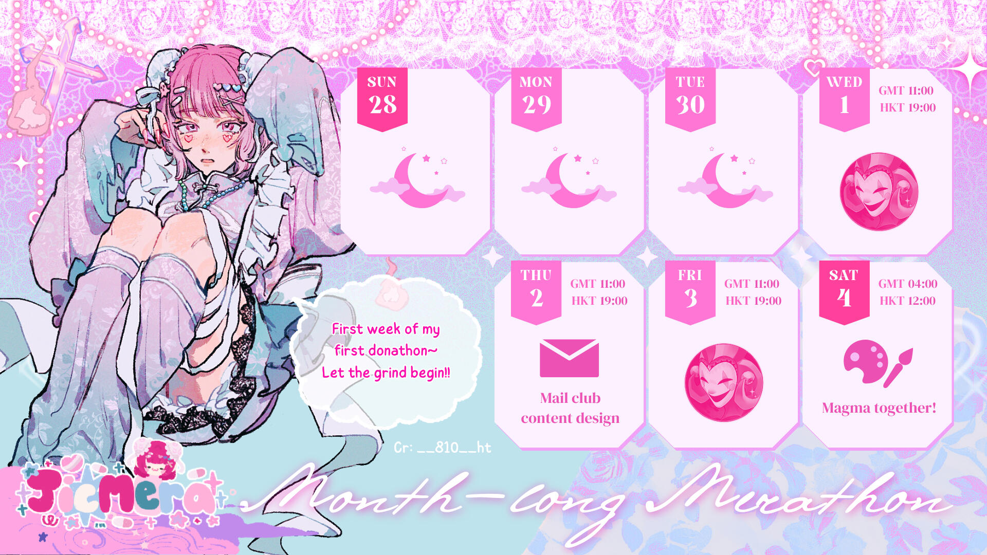 Jul 1~4 #Merathon Schedule Wednesday, 1st, GMT 11:00 / HKT 19:00: Art Fight Thursday, 2nd, GMT 11:00 / HKT 19:00: Mail club content design Friday, 3rd, GMT 11:00 / HKT 19:00: Art Fight Saturday, 4th, GMT 04:00 / HKT 12:00: Magma together