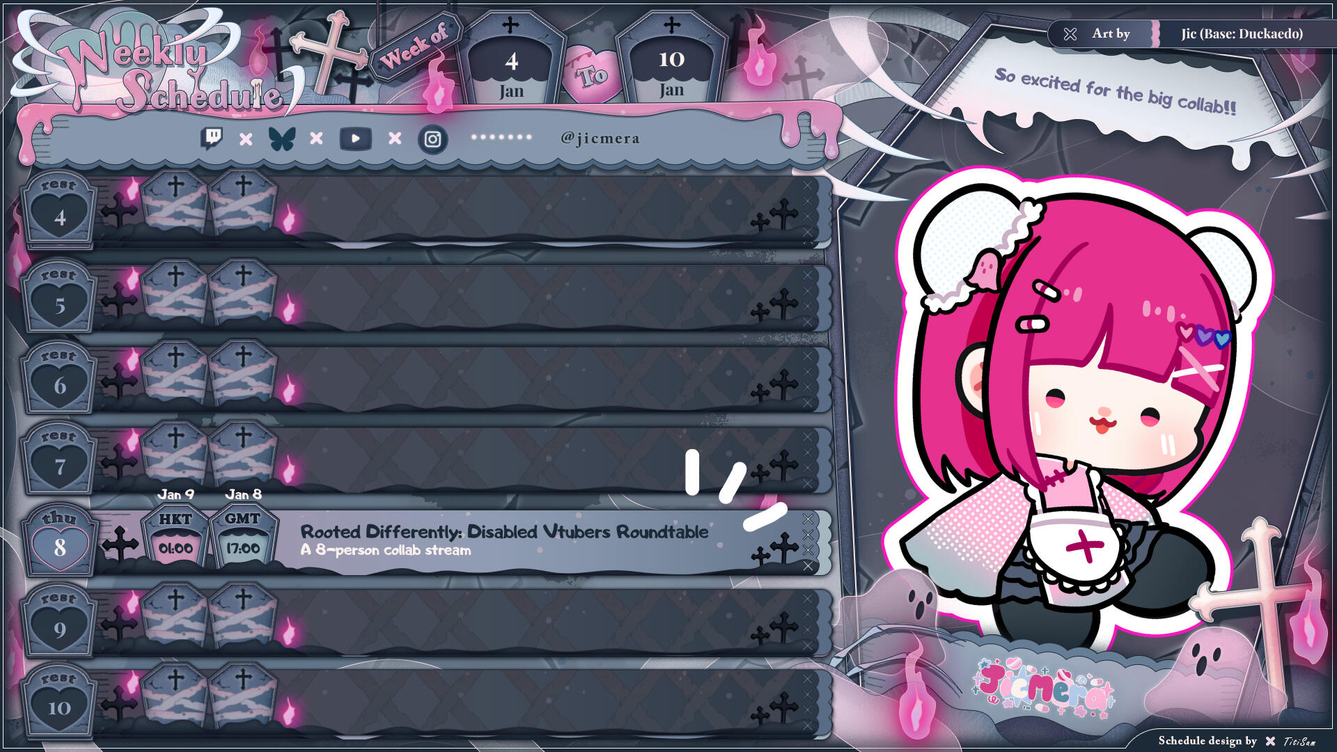 A gothic style weekly calendar. This week's only stream is Rooted Differently: Disabled Vtubers Roundtable, happening on GMT January 8 at 5pm, or HKT January 9 at 1am. The caption reads: "A 8-person collab stream". On the right is chibi illustration of Jic